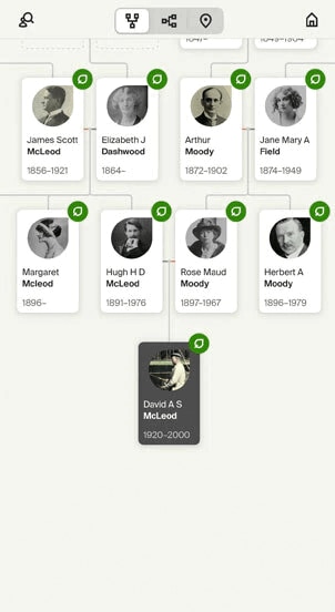 Family tree chart with several person nodes. Each node includes names, dates and a photograph