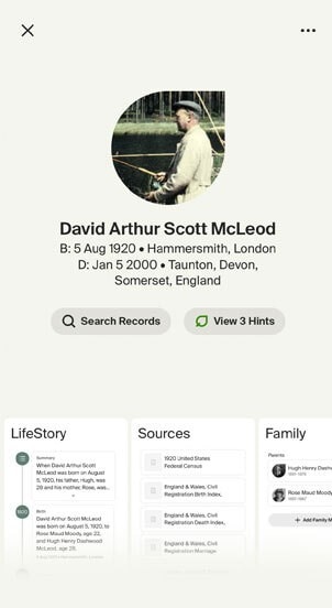 Ancestor profile with details such as name, dates, locations and record hints