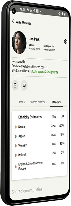 Mobile phone displaying profile of living relative based on DNA Matches