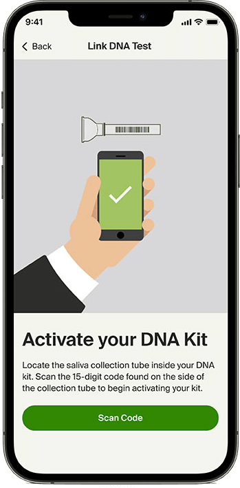 Mobile phone displaying user interface for activating a DNA kit