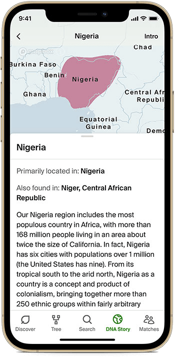 Mobile phone displaying DNA results with ethnicity region map and description