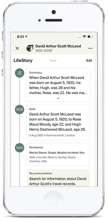 Mobile phone displaying a timeline of notable events from an ancestor's life